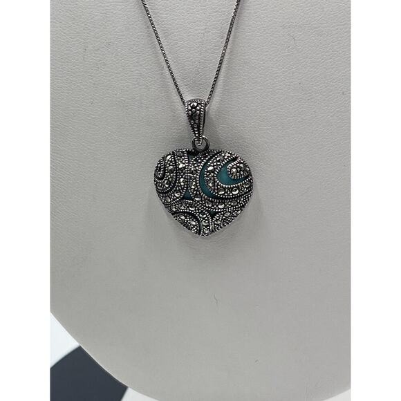 Sterling silver 925K Thai Turquoise‎ Polished Marcasite Heart Pendant Necklace - Picture 3 of 16